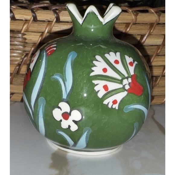 Unbranded Other - Vintage Pomegranate Vase Small Green Pink White Floral Ceramic Signed 3x3 In